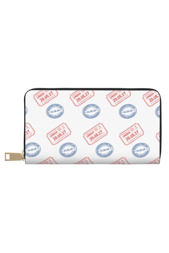 Leather Thin Slim Wallets for Women Men - Postmark Pattern Whimsical Clutch Card Wallet for Women Men with Zipper