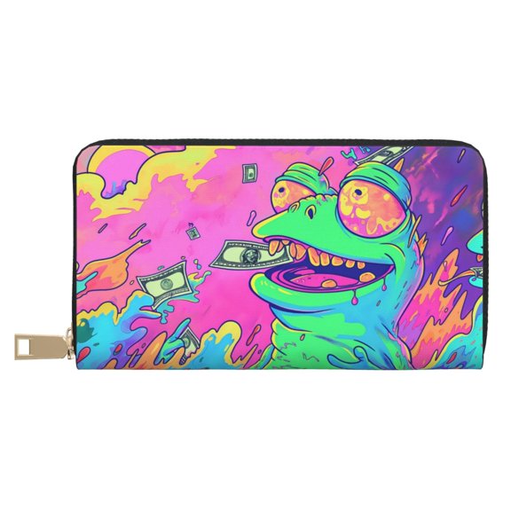 Leather Thin Slim Wallets for Women Men - Psychedelic Cartoon Frog Clutch Card Wallet for Women Men with Zipper