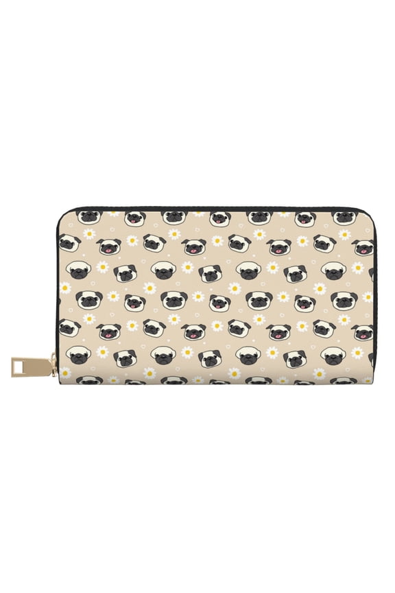 Leather Thin Slim Wallets for Women Men - Pug Dog Face Clutch Card Wallet for Women Men with Zipper