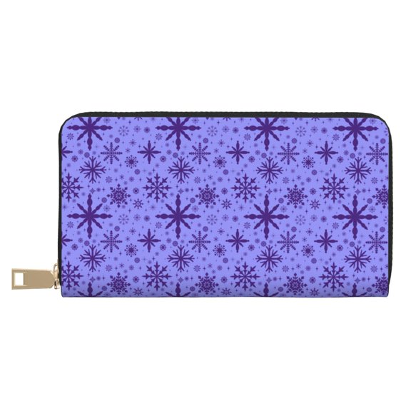 Leather Thin Slim Wallets for Women Men - Purple Snowflake Elegance Clutch Card Wallet for Women Men with Zipper