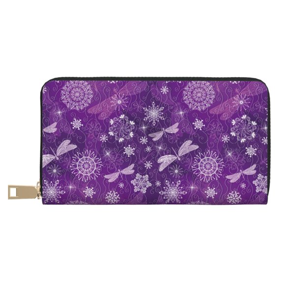 Leather Thin Slim Wallets for Women Men - Purple Snowflakes Clutch Card Wallet for Women Men with Zipper