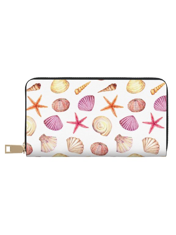 Leather Thin Slim Wallets for Women Men - Purple White Shell Conch Clutch Card Wallet for Women Men with Zipper