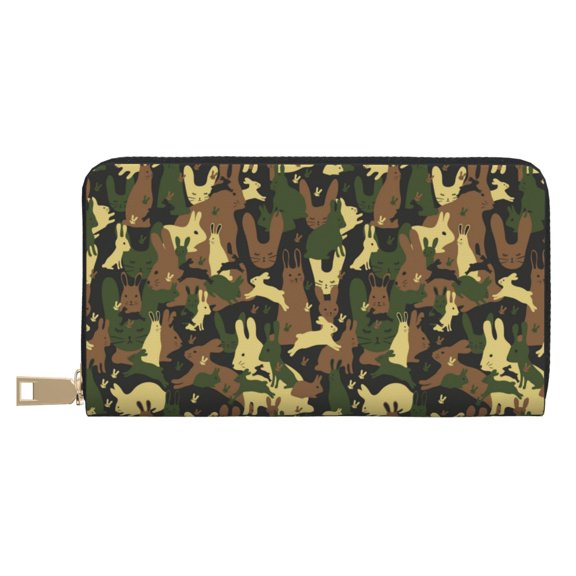 Leather Thin Slim Wallets for Women Men - Rabbit Green Camouflage Clutch Card Wallet for Women Men with Zipper