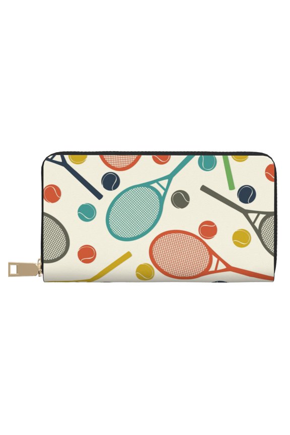 Leather Thin Slim Wallets for Women Men - Racket and Tennis Ball Clutch Card Wallet for Women Men with Zipper