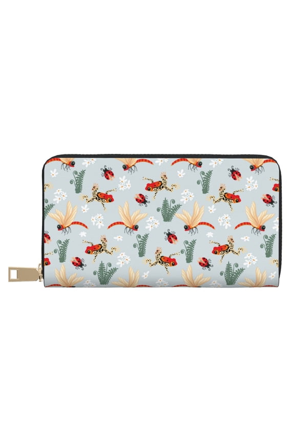 Leather Thin Slim Wallets for Women Men - Ragonfly And Ladybug Clutch Card Wallet for Women Men with Zipper