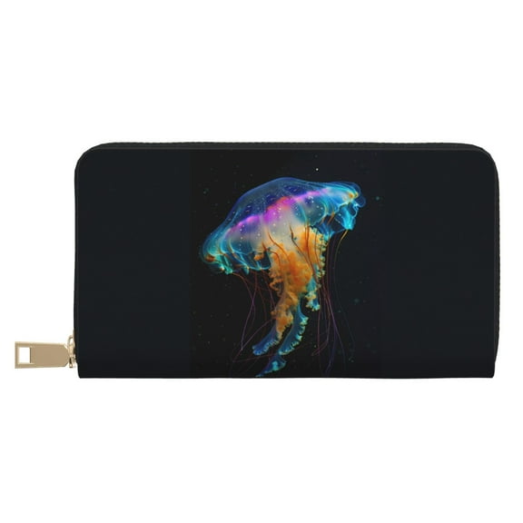 Leather Thin Slim Wallets for Women Men - Rainbow Luminescent Jellyfish Clutch Card Wallet for Women Men with Zipper