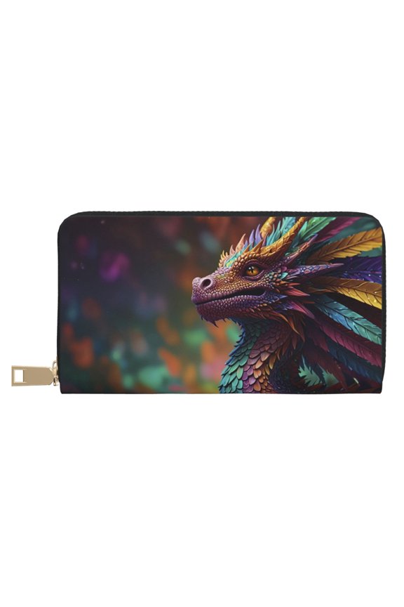 Leather Thin Slim Wallets for Women Men - Rainbow Scales Fantasy Dragon Clutch Card Wallet for Women Men with Zipper