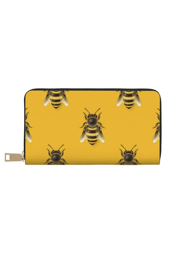 Leather Thin Slim Wallets for Women Men - Realistic Bee cute cool yellow Clutch Card Wallet for Women Men with Zipper