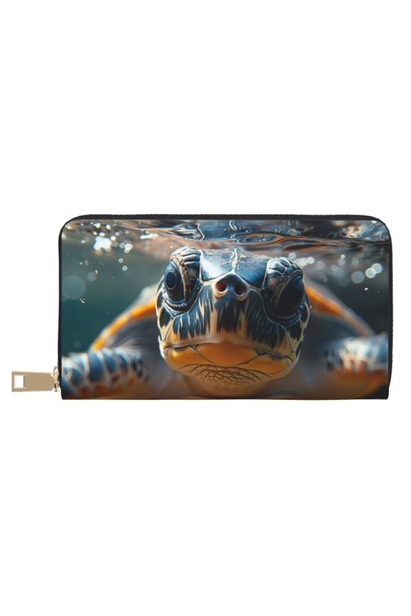 Leather Thin Slim Wallets for Women Men - Realistic Cute Sea Turtle Clutch Card Wallet for Women Men with Zipper