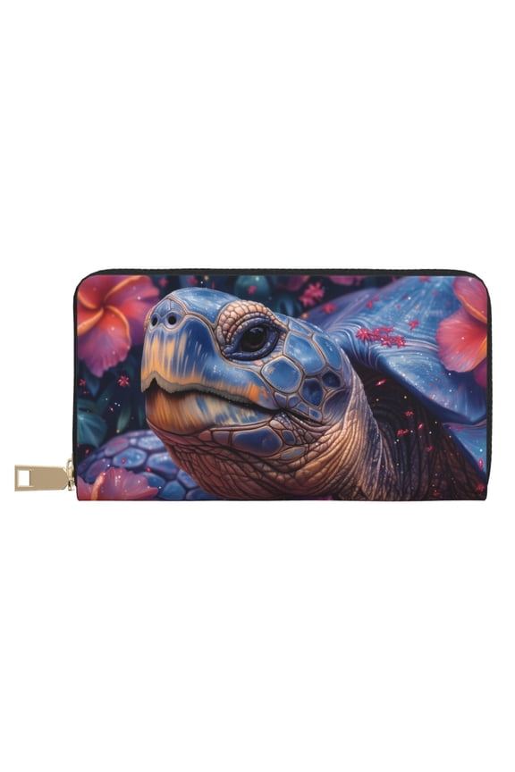 Leather Thin Slim Wallets for Women Men - Realistic Flower Turtle Clutch Card Wallet for Women Men with Zipper