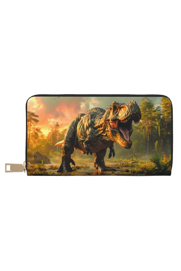 Leather Thin Slim Wallets for Women Men - Realistic Style Forest Dinosaur Clutch Card Wallet for Women Men with Zipper