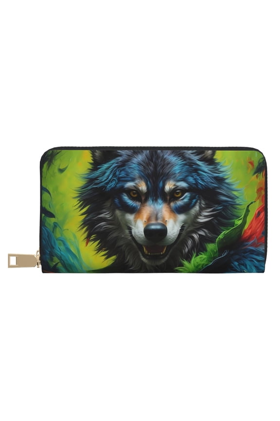 Leather Thin Slim Wallets for Women Men - Realistic Style Wolf Warrior Clutch Card Wallet for Women Men with Zipper