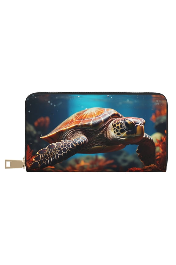 Leather Thin Slim Wallets for Women Men - Realistic Turtle Clutch Card Wallet for Women Men with Zipper
