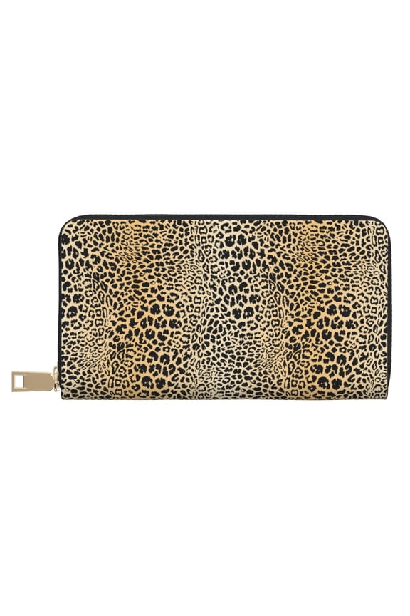 Leather Thin Slim Wallets for Women Men - Realistic leopard print beige Clutch Card Wallet for Women Men with Zipper