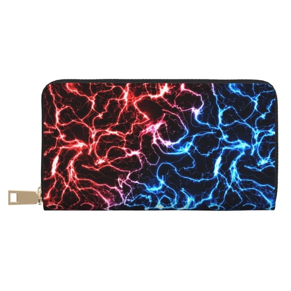 Leather Thin Slim Wallets for Women Men - Red And Blue Lightning Clutch Card Wallet for Women Men with Zipper
