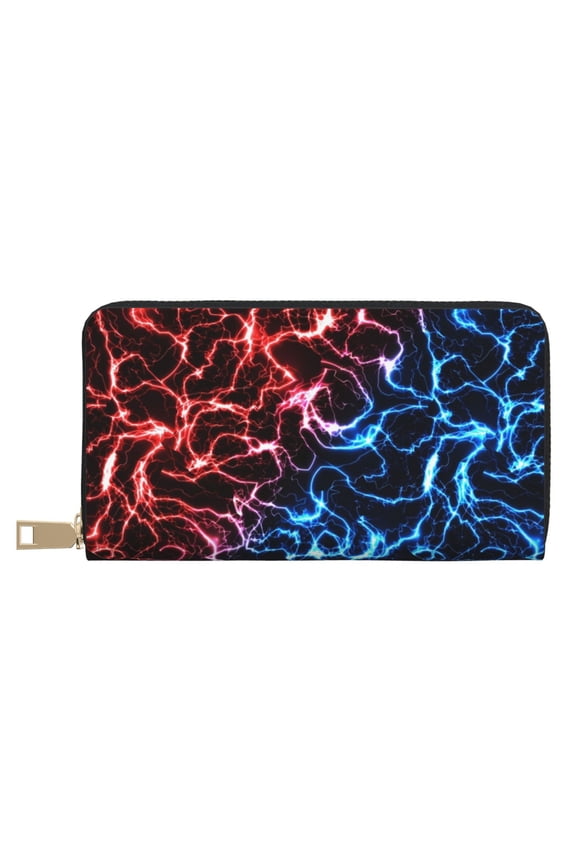 Leather Thin Slim Wallets for Women Men - Red And Blue Lightning Clutch Card Wallet for Women Men with Zipper