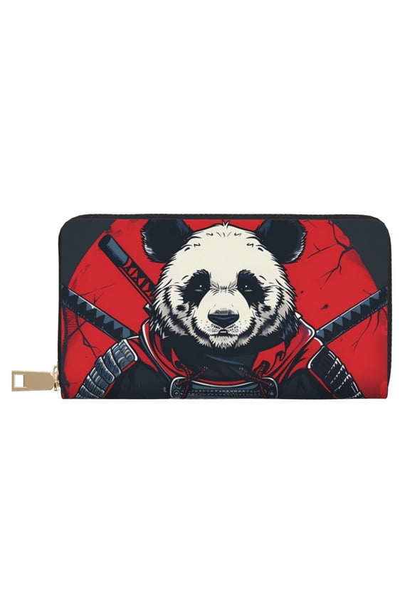 Leather Thin Slim Wallets for Women Men - Red Black Eastern Panda Warrior Clutch Card Wallet for Women Men with Zipper