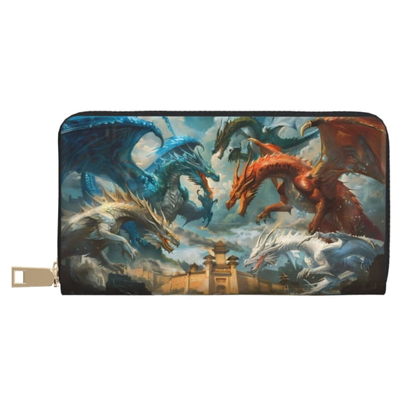Leather Thin Slim Wallets for Women Men - Red Blue Dragon Battle Epic Clutch Card Wallet for Women Men with Zipper