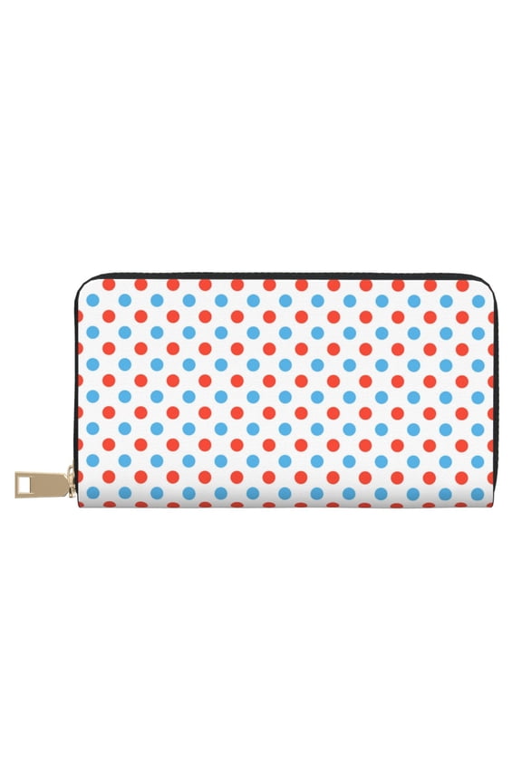Leather Thin Slim Wallets for Women Men - Red Blue Polka Dots Clutch Card Wallet for Women Men with Zipper