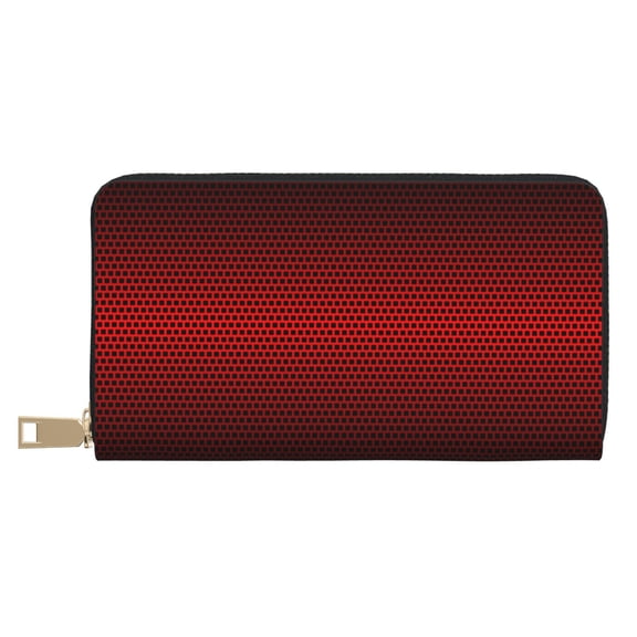 Leather Thin Slim Wallets for Women Men - Red Geometric Perforated Clutch Card Wallet for Women Men with Zipper