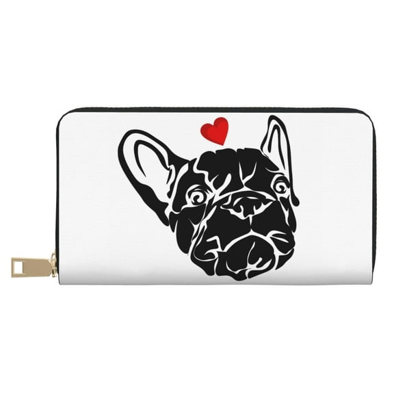 Leather Thin Slim Wallets for Women Men - Red Heart And Puppy Of Bulldog Clutch Card Wallet for Women Men with Zipper