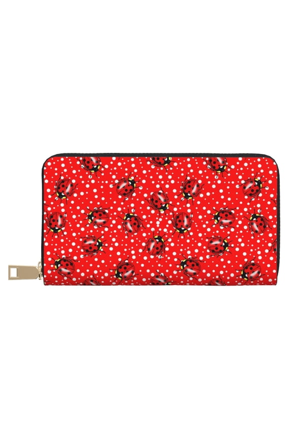 Leather Thin Slim Wallets for Women Men - Red Ladybugs On White Dotted Clutch Card Wallet for Women Men with Zipper