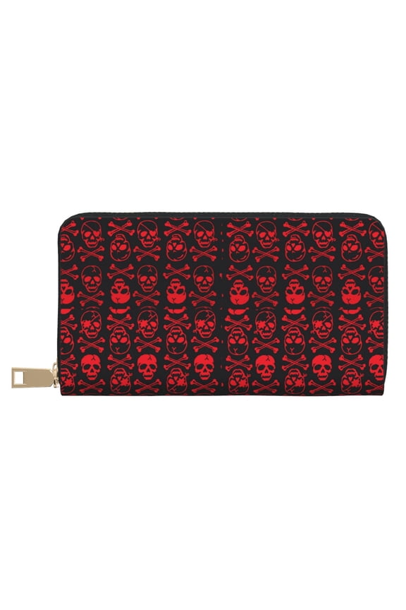Leather Thin Slim Wallets for Women Men - Red Skulls With Crossbones Clutch Card Wallet for Women Men with Zipper