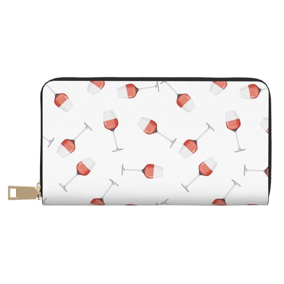 Leather Thin Slim Wallets for Women Men - Red Wine Glass Print Clutch Card Wallet for Women Men with Zipper