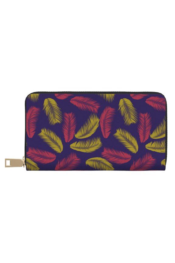 Leather Thin Slim Wallets for Women Men - Red Yellow Feather Clutch Card Wallet for Women Men with Zipper