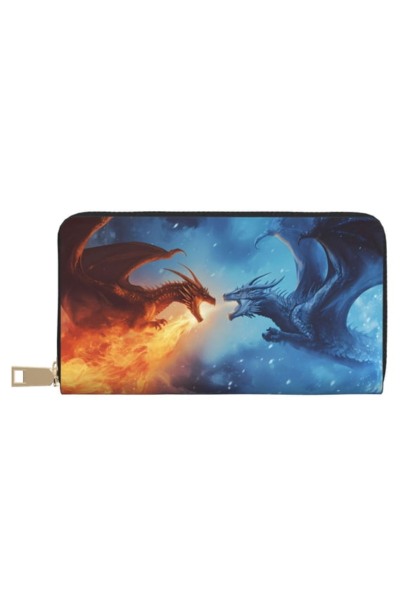 Leather Thin Slim Wallets for Women Men - Red and Blue Fire Dragon A Clutch Card Wallet for Women Men with Zipper
