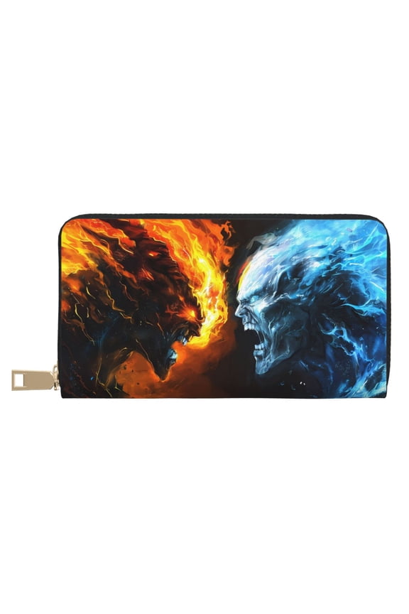 Leather Thin Slim Wallets for Women Men - Red and Blue Fire Skull Warrior Clutch Card Wallet for Women Men with Zipper