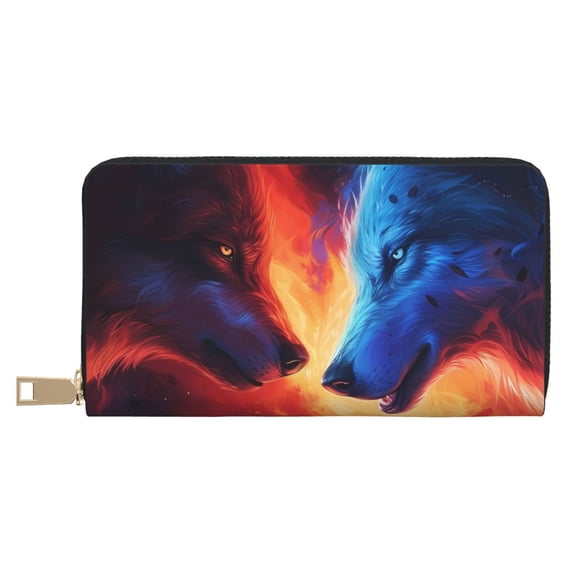 Leather Thin Slim Wallets for Women Men - Red and Blue Fire Wolf Clutch Card Wallet for Women Men with Zipper