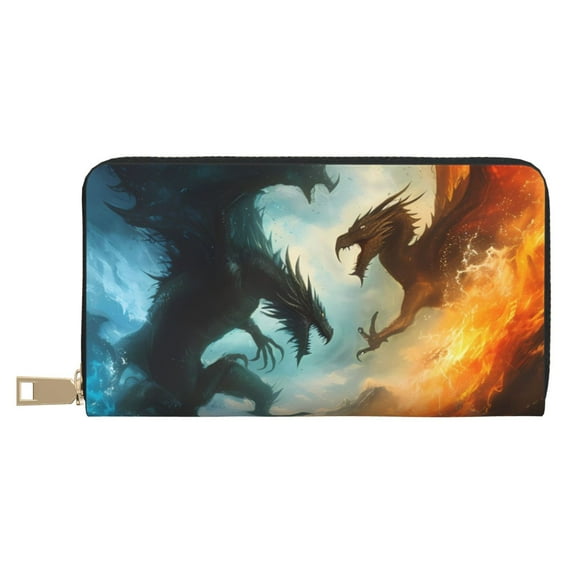 Leather Thin Slim Wallets for Women Men - Red and Blue Flame Wave Dragon Clutch Card Wallet for Women Men with Zipper