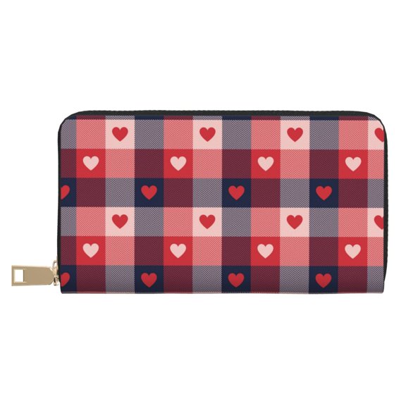 Leather Thin Slim Wallets for Women Men - Red heart plaid Clutch Card Wallet for Women Men with Zipper