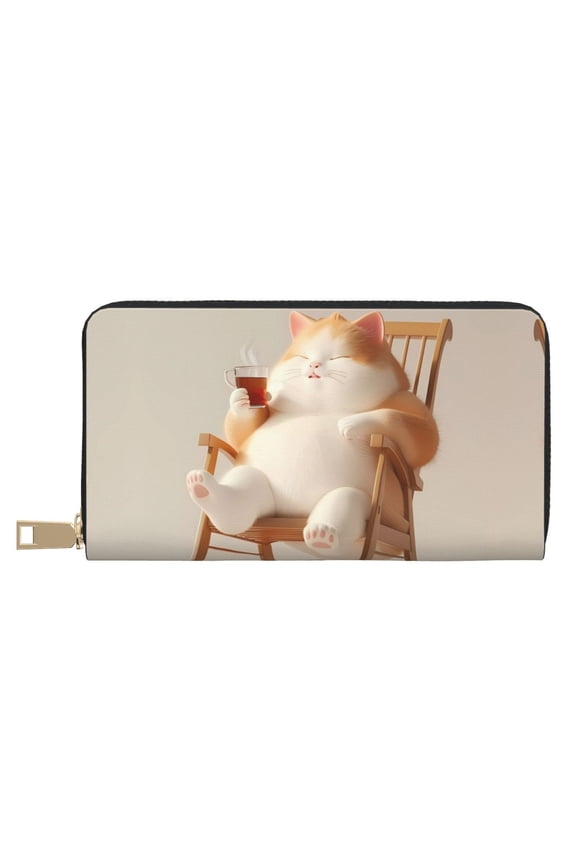Leather Thin Slim Wallets for Women Men - Relaxing Cat With Tea Clutch Card Wallet for Women Men with Zipper