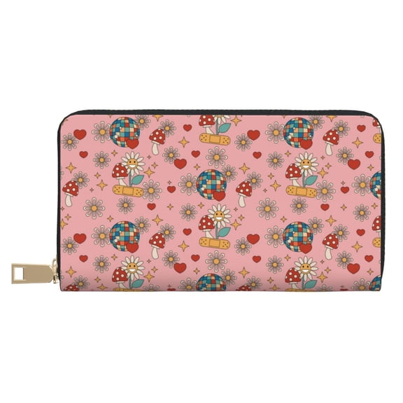 Leather Thin Slim Wallets for Women Men - Retro 70s 60s Hippie Flower Clutch Card Wallet for Women Men with Zipper