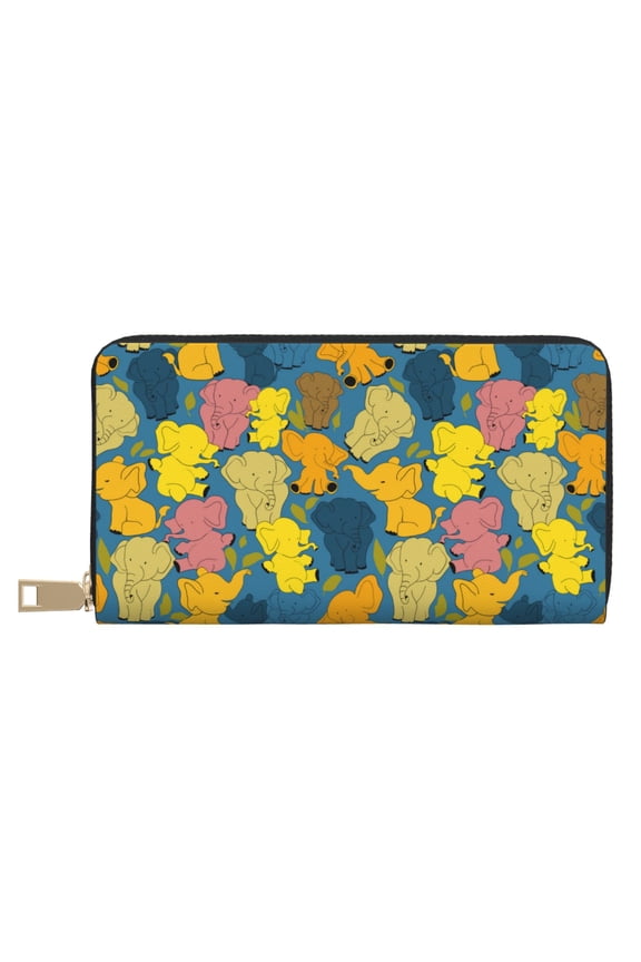 Leather Thin Slim Wallets for Women Men - Retro Boho Elephants Clutch Card Wallet for Women Men with Zipper