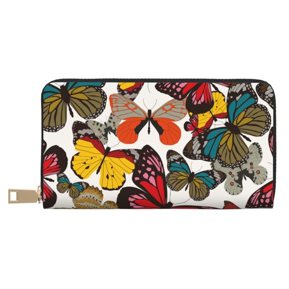 Leather Thin Slim Wallets for Women Men - Retro Floral Butterfly A Clutch Card Wallet for Women Men with Zipper