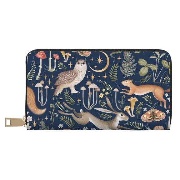 Leather Thin Slim Wallets for Women Men - Retro Forest Animals Clutch Card Wallet for Women Men with Zipper