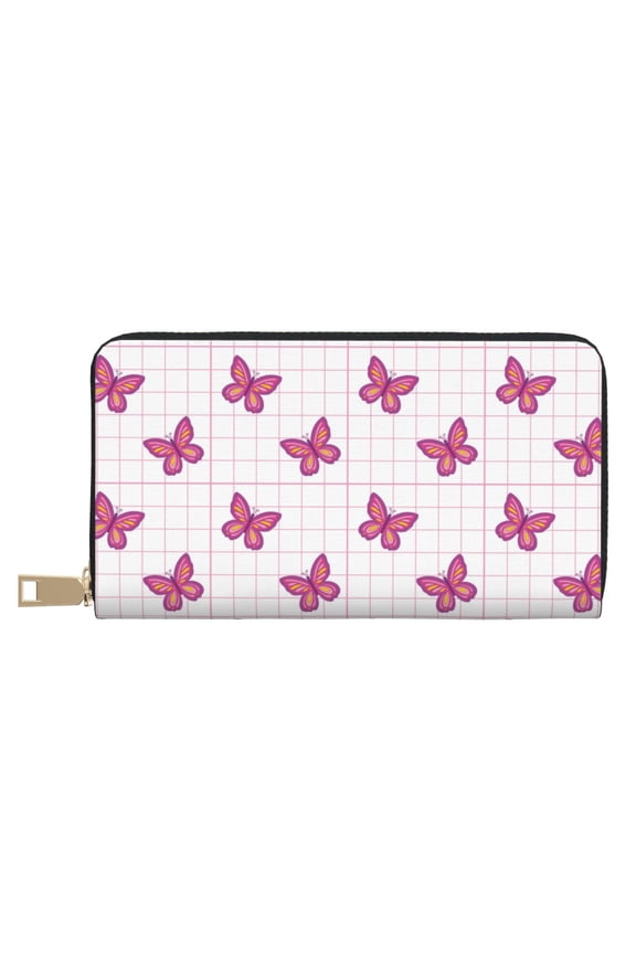 Leather Thin Slim Wallets for Women Men - Retro Pink butterfly Grid Y2K 90s Clutch Card Wallet for Women Men with Zipper