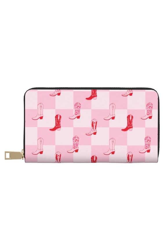Leather Thin Slim Wallets for Women Men - Retro pink Cowgirl boots checkerboard Clutch Card Wallet for Women Men with Zipper