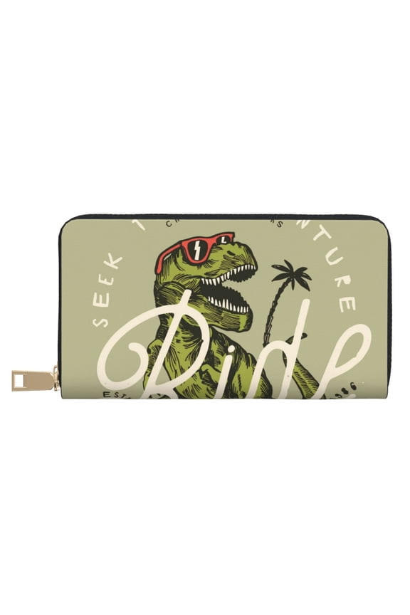 Leather Thin Slim Wallets for Women Men - Ride The Wave Dinosaur Surfer Clutch Card Wallet for Women Men with Zipper