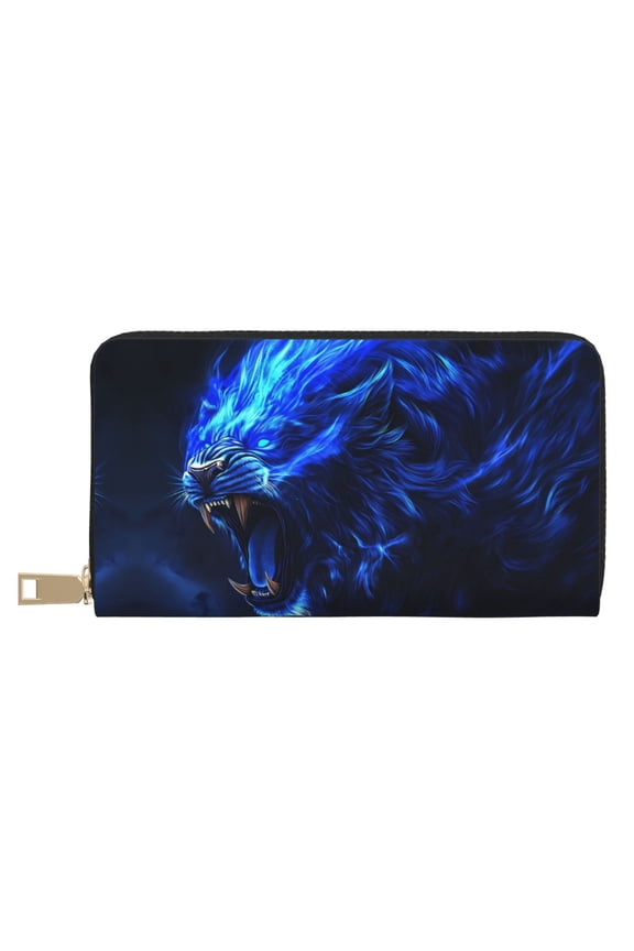 Leather Thin Slim Wallets for Women Men - Roaring Blue Lion Flame Clutch Card Wallet for Women Men with Zipper
