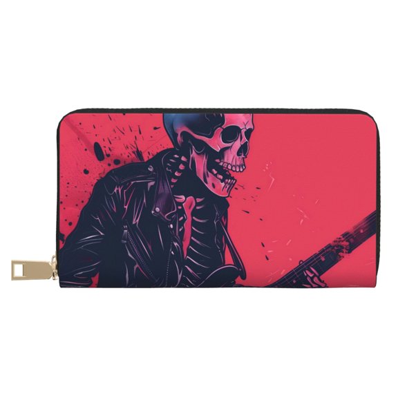 Leather Thin Slim Wallets for Women Men - Rock Skull Guitarist Clutch Card Wallet for Women Men with Zipper