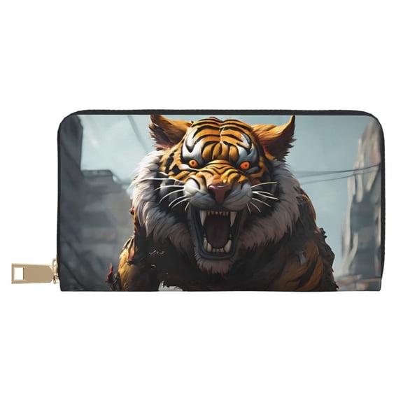 Leather Thin Slim Wallets for Women Men - Ruins Tiger Warrior Clutch Card Wallet for Women Men with Zipper
