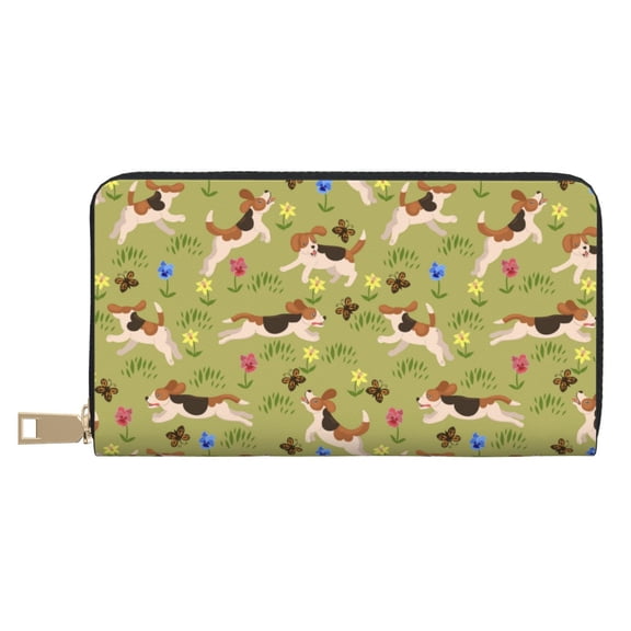 Leather Thin Slim Wallets for Women Men - Running Beagle Clutch Card Wallet for Women Men with Zipper