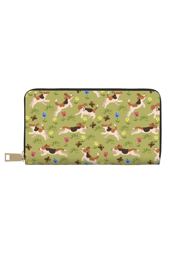 Leather Thin Slim Wallets for Women Men - Running Beagle Clutch Card Wallet for Women Men with Zipper