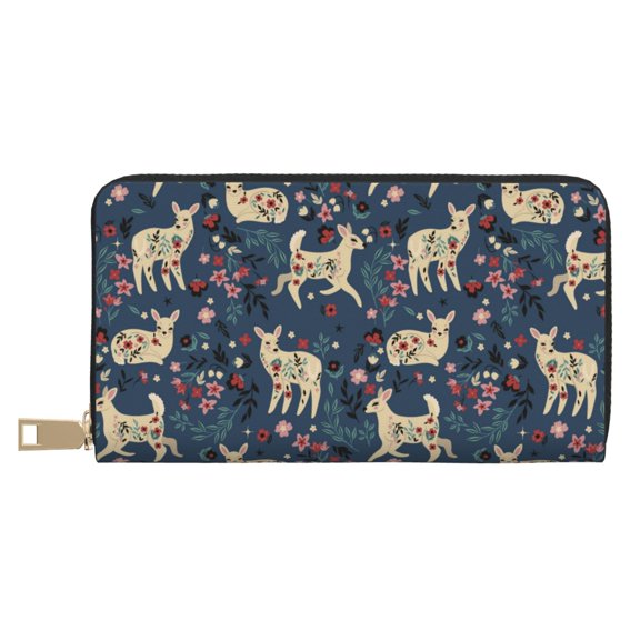 Leather Thin Slim Wallets for Women Men - Rustic Flower Cute Deer Clutch Card Wallet for Women Men with Zipper