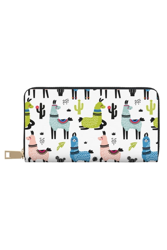 Leather Thin Slim Wallets for Women Men - Rustic Funny Cute Alpaca Cactus Clutch Card Wallet for Women Men with Zipper