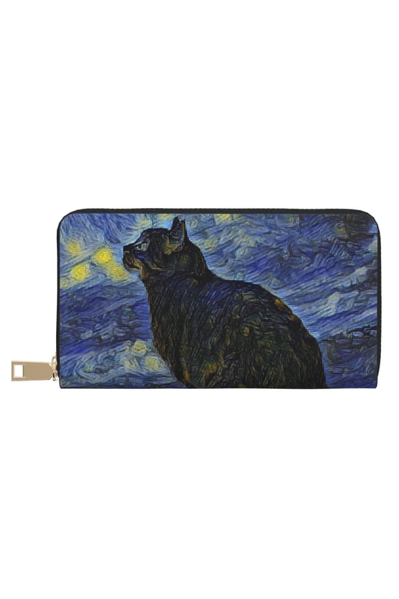 Leather Thin Slim Wallets for Women Men - Shambhala Cat In Van Gogh Impressionist Clutch Card Wallet for Women Men with Zipper